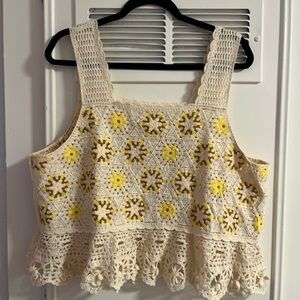 Crochet Floral Patterned Cream and Yellow Women's Tank Top Blouse Shirt